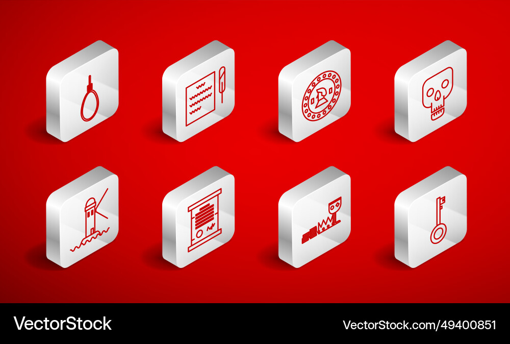 Set line pirate key feather pen and scroll coin Vector Image