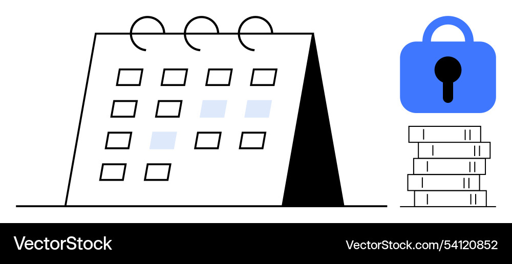 Calendar with security lock and stacks of books Calendar with security lock and stacks of books vector image