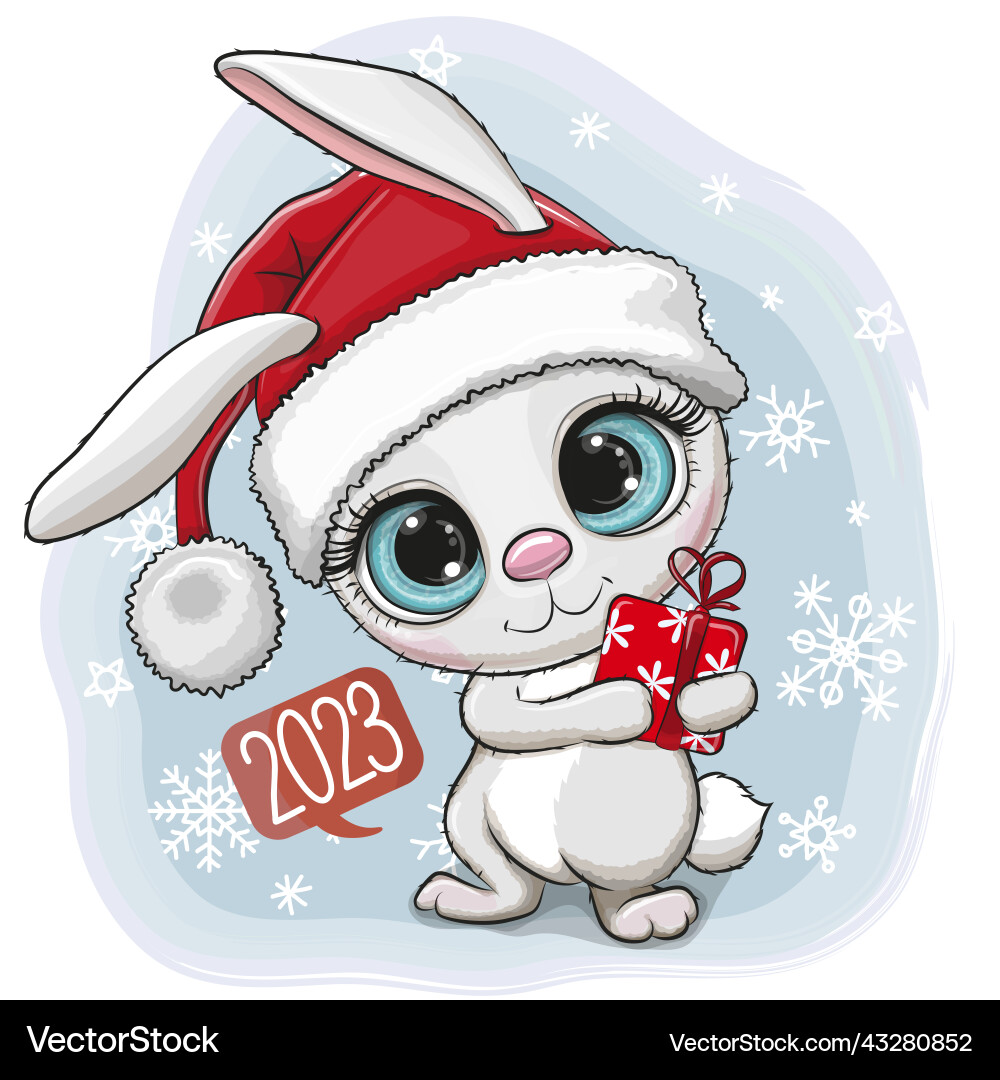 Cartoon white rabbit in a santa hat on blue Vector Image