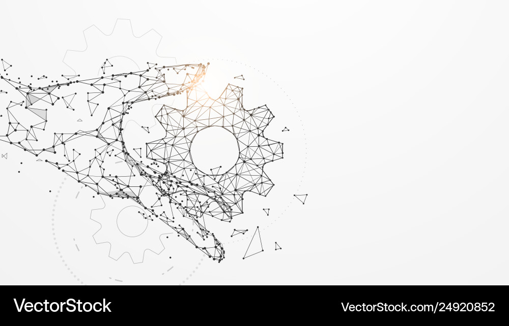 Hand holding gears from lines and particle vector image