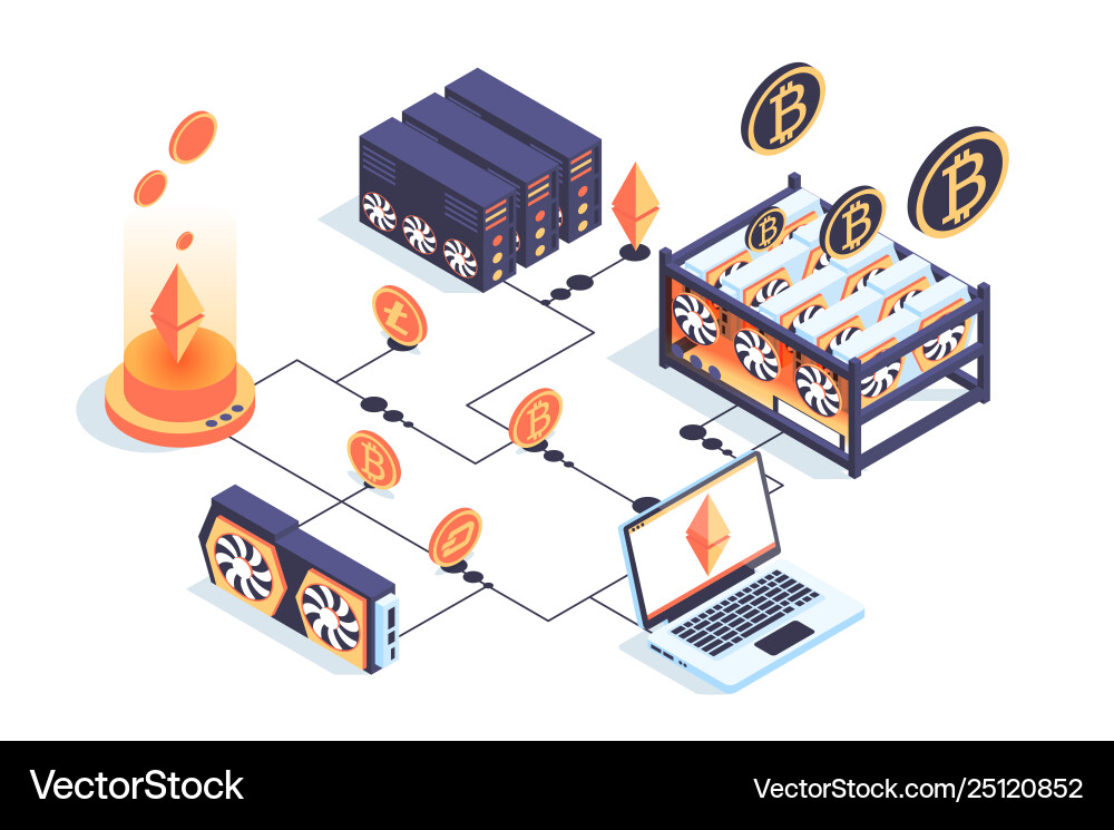 Isometric Mining Farm with Bitcoin Vector Image