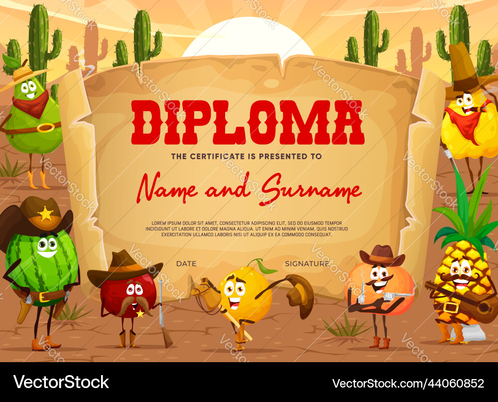 Kids diploma of wild west cartoon fruit cowboys Kids diploma of wild west cartoon fruit cowboys vector image