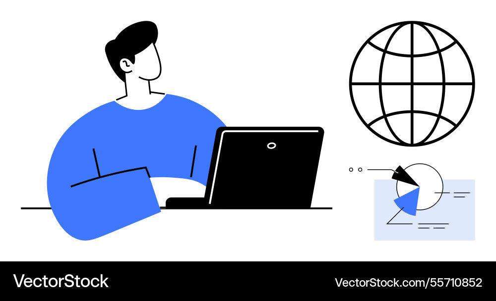 Professional working on laptop with globe and data vector image
