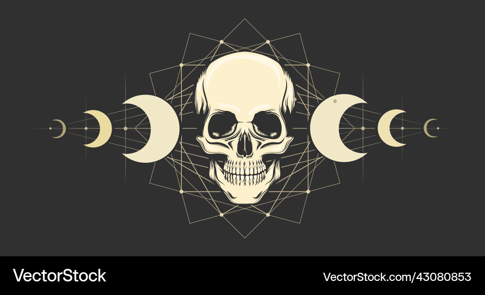 Mystic eblem with skull and moon phases on black Mystic eblem with skull and moon phases on black Vector Image