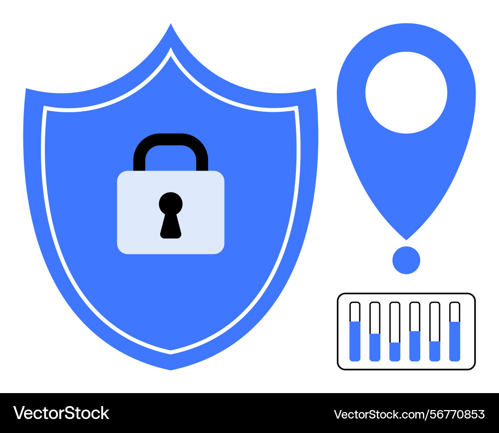 Shield with lock location marker and bar chart Shield with lock location marker and bar chart vector image