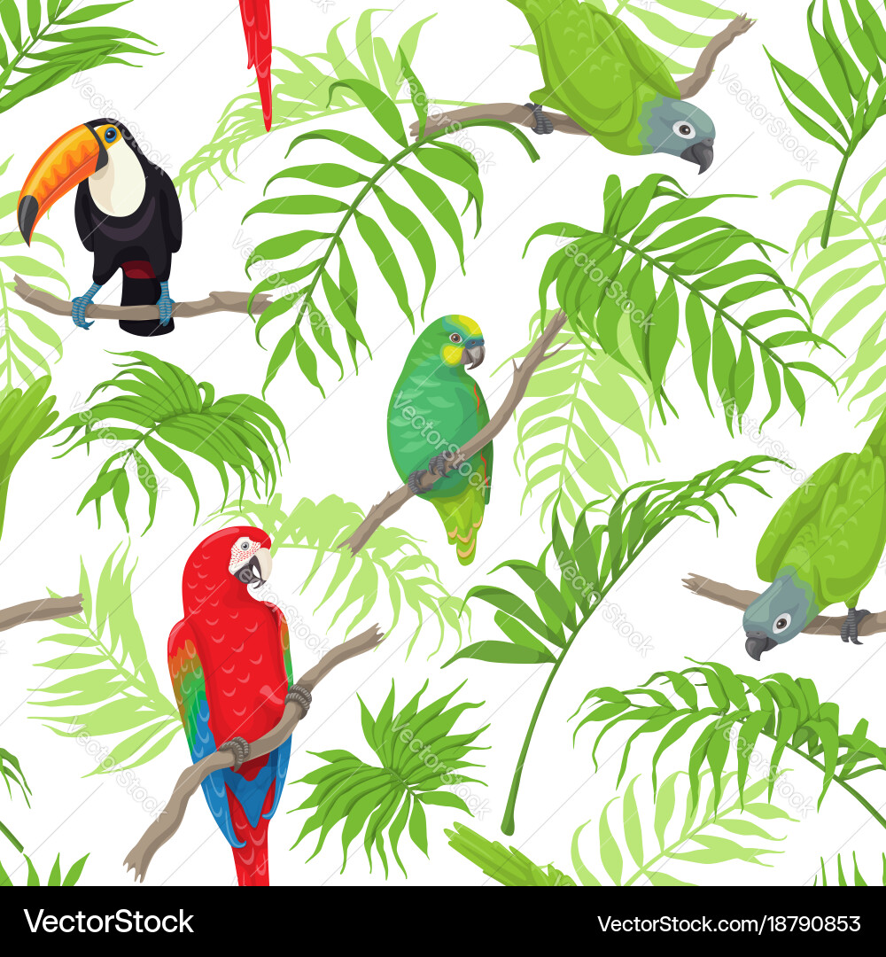 Tropical Birds & Palm Leaves Pattern Vector Image