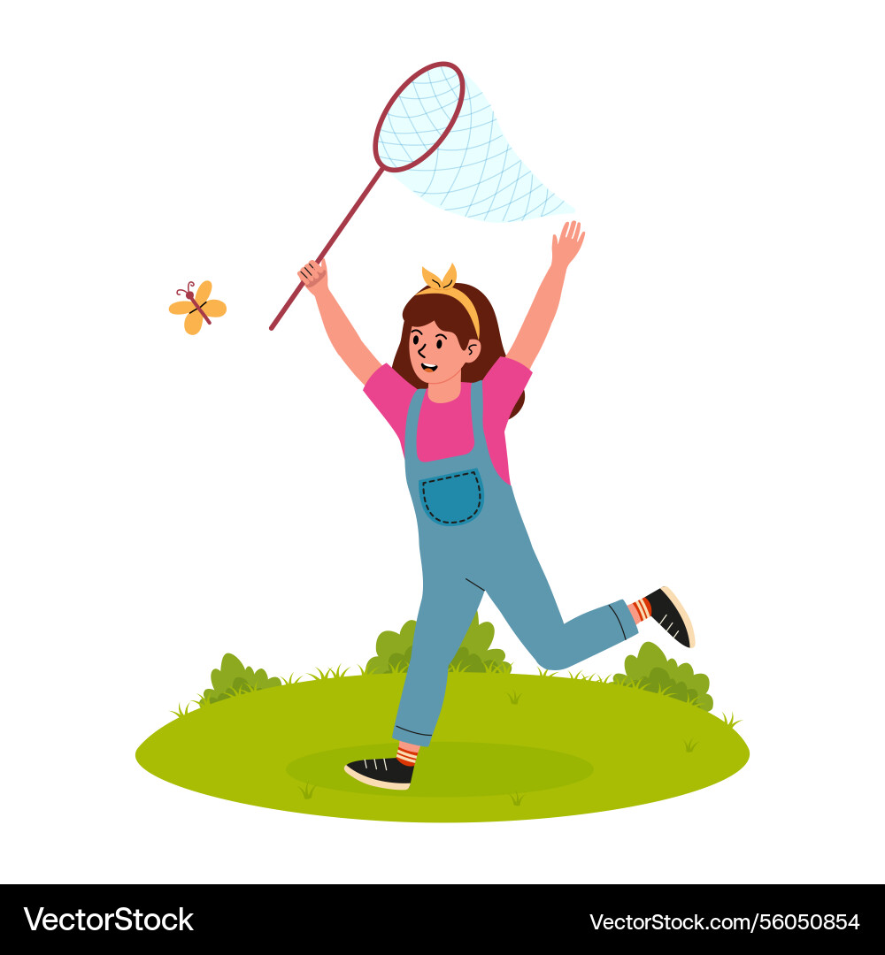 Child joyfully chasing a butterfly with net vector image