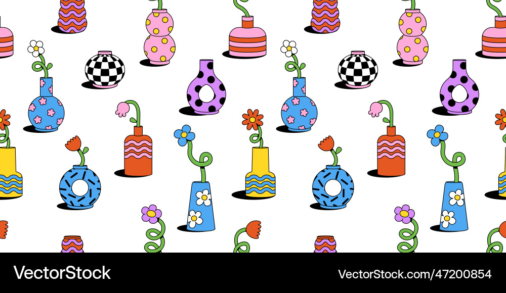 Cute cartoon flower and vase seamless pattern vector image