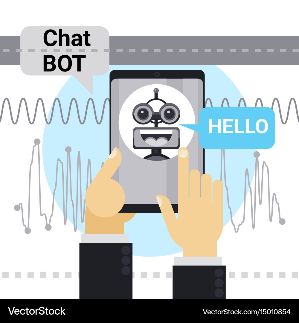 Man chatting with chat bot on cell smart phone vector image