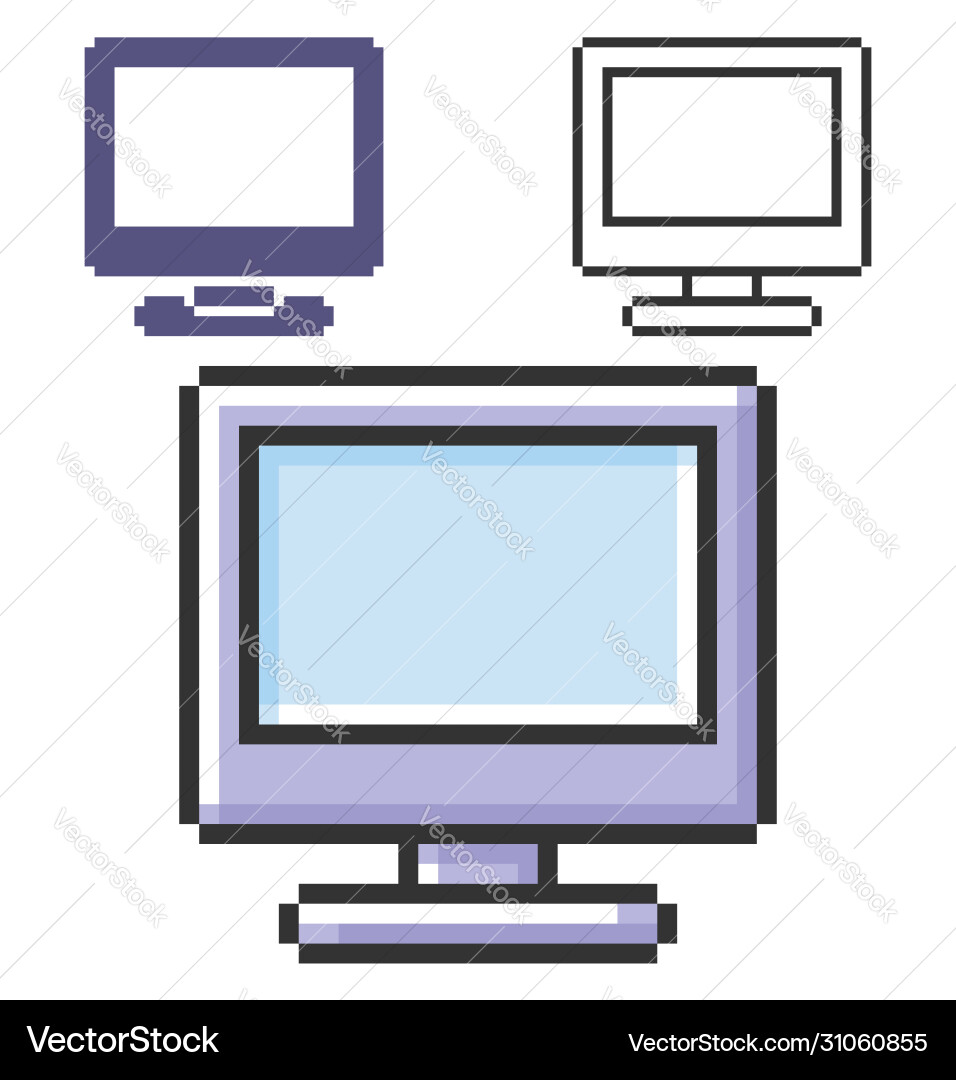 Pixel icon lcd monitor in three variants fully vector image