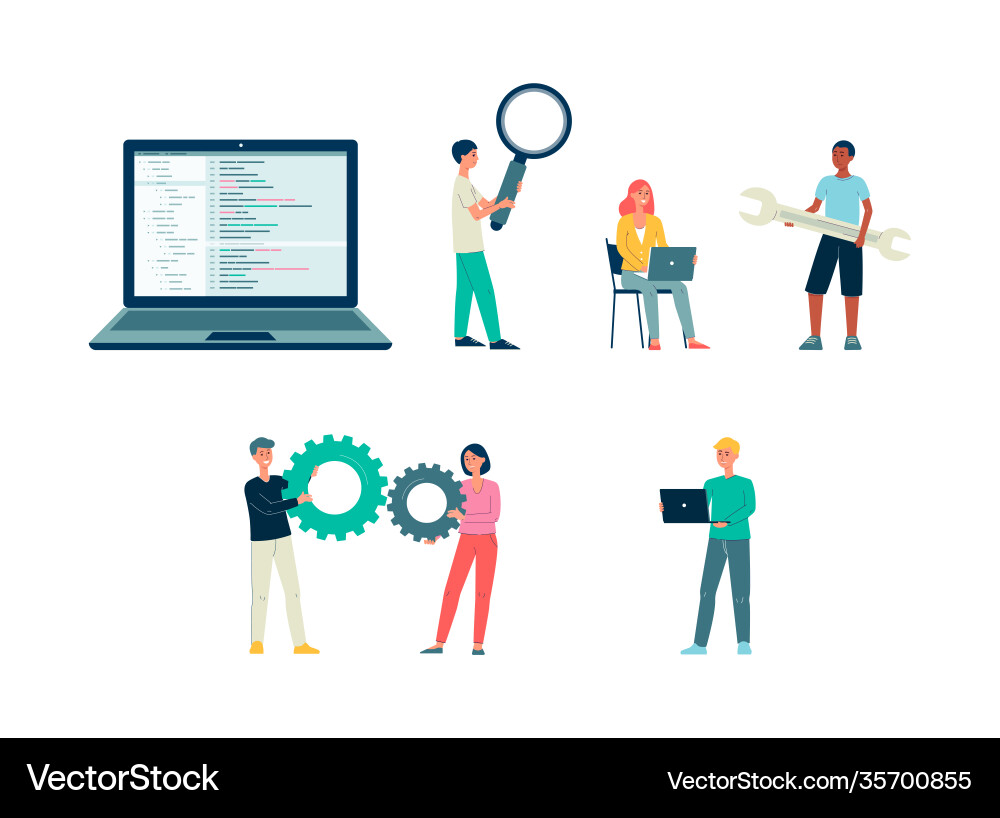 Set computer programmers and code testers flat vector image
