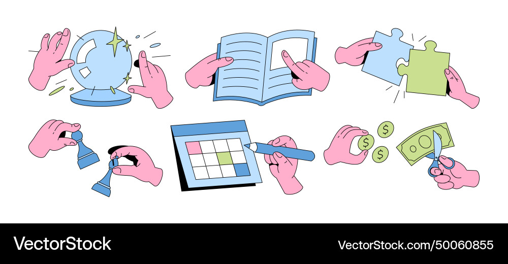 Set of hands holding things different objects Set of hands holding things different objects vector image