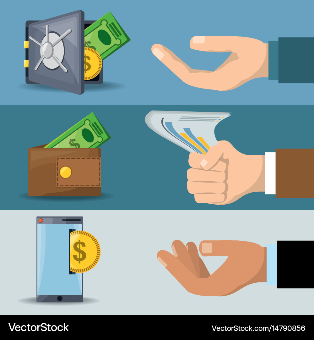 Hands doing different process for save and pay vector image