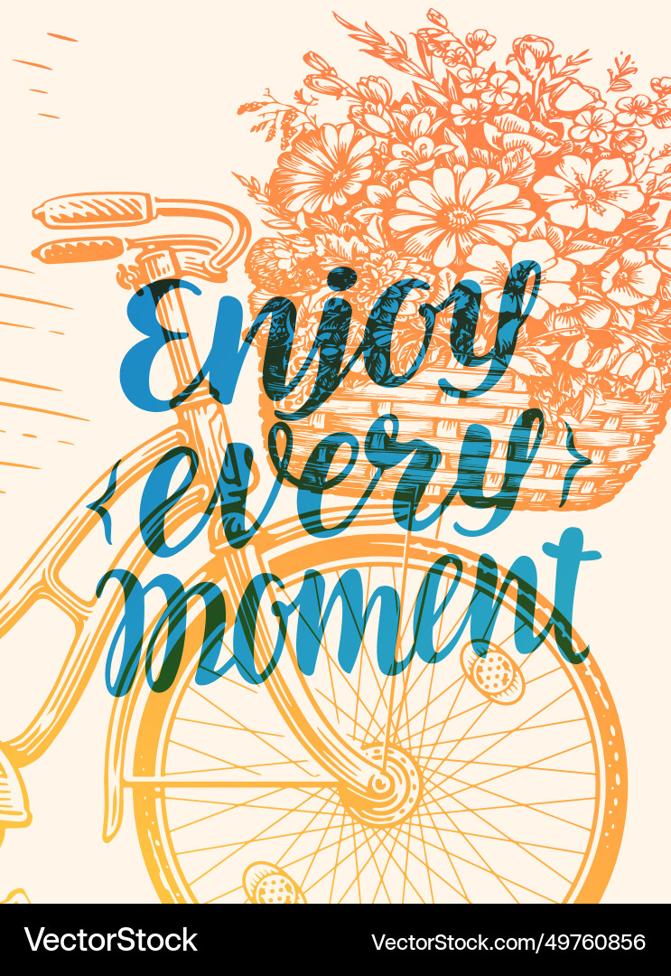 Retro bike with spring flowers in basket enjoy Retro bike with spring flowers in basket enjoy vector image