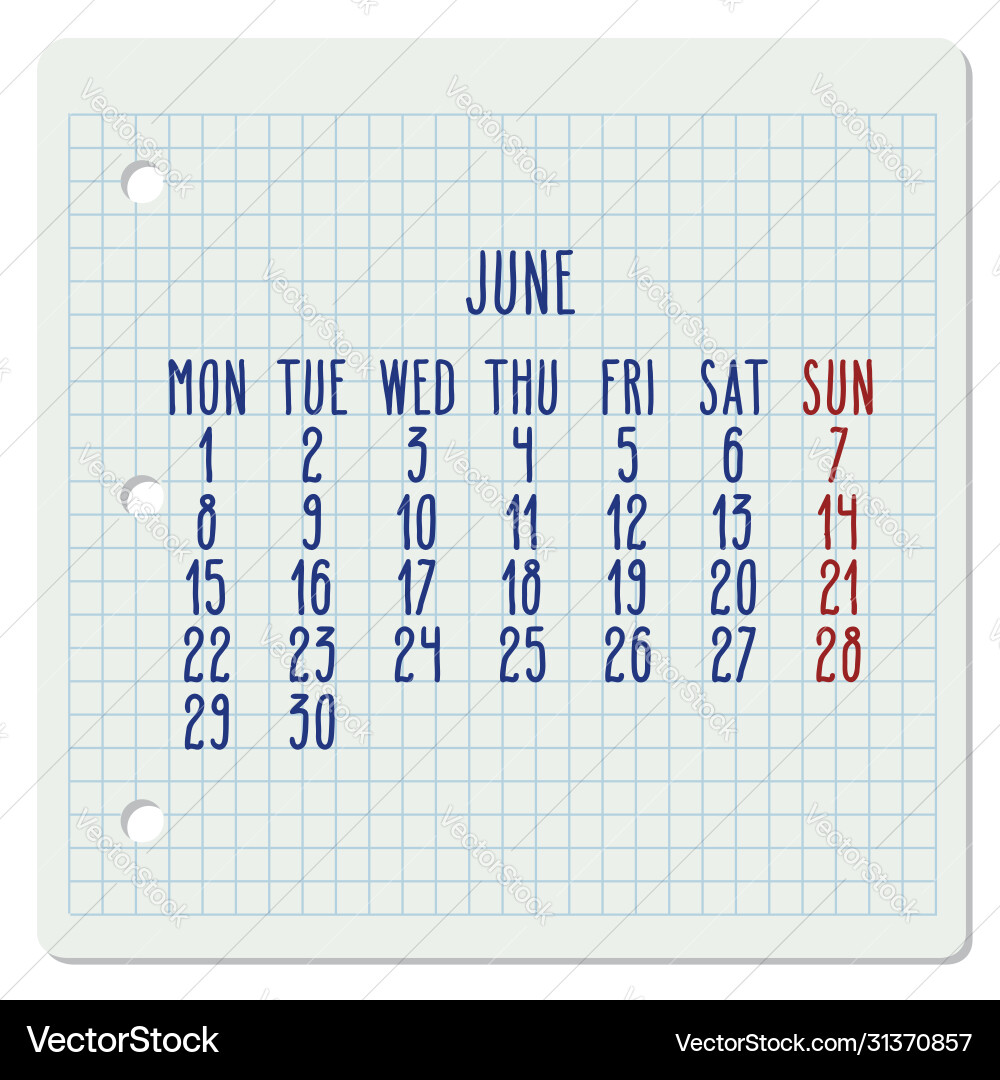 June year 2020 monthly notebook page calendar Vector Image