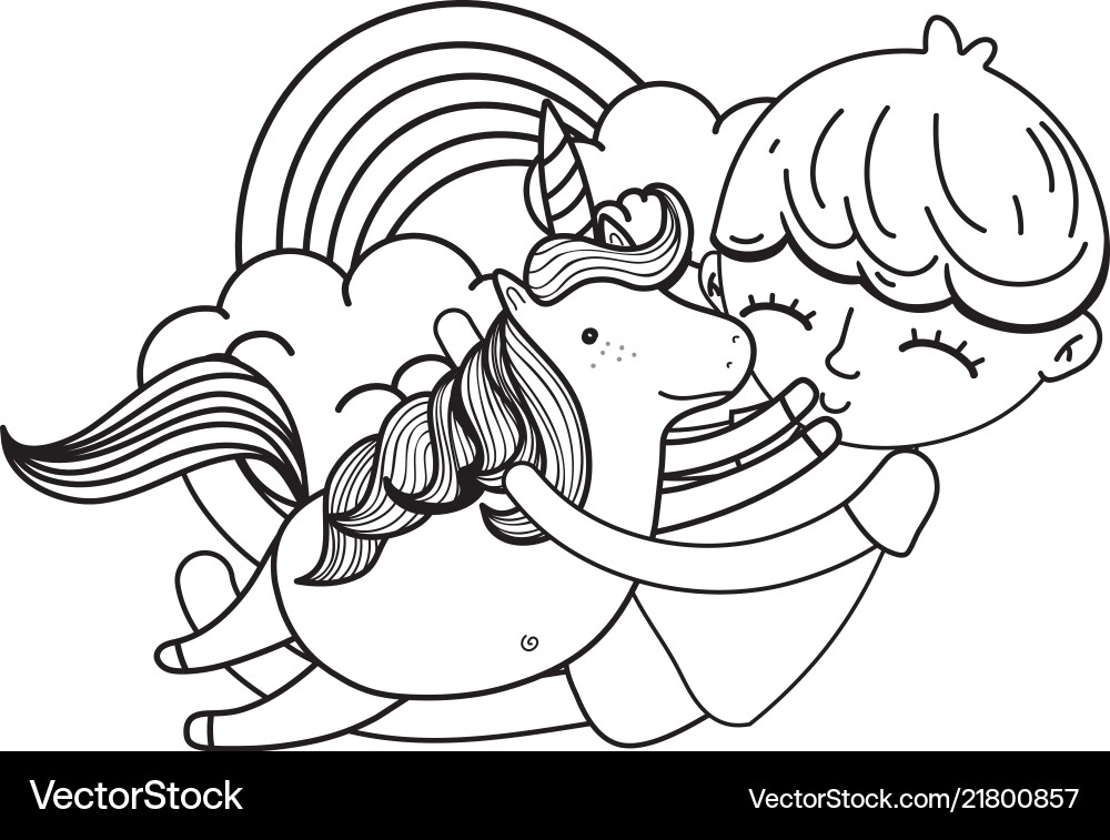 Line boy hugging unicorn with rainbow and clouds vector image