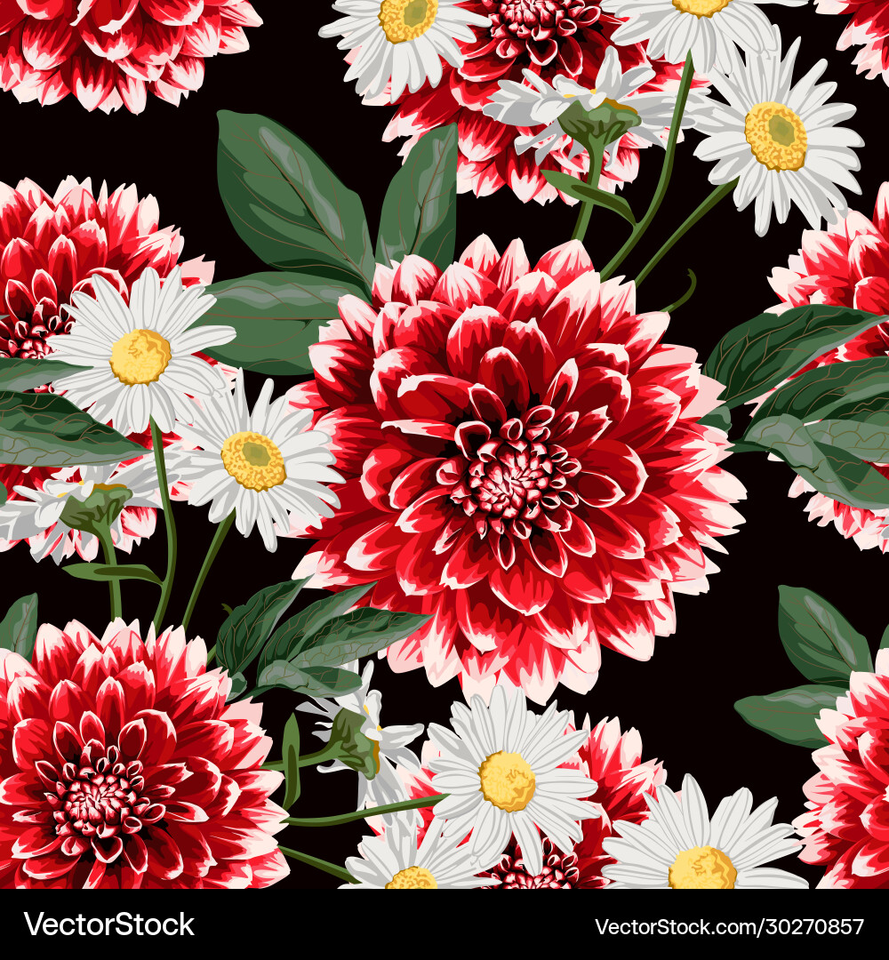 Red Dahlia Floral Seamless Pattern Vector Image