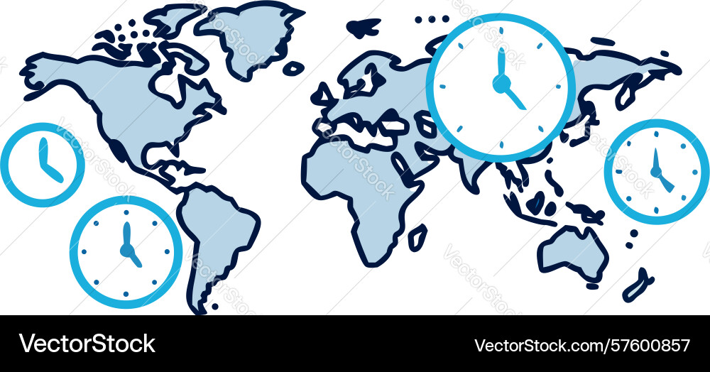 World map with multiple time zone clocks design vector image