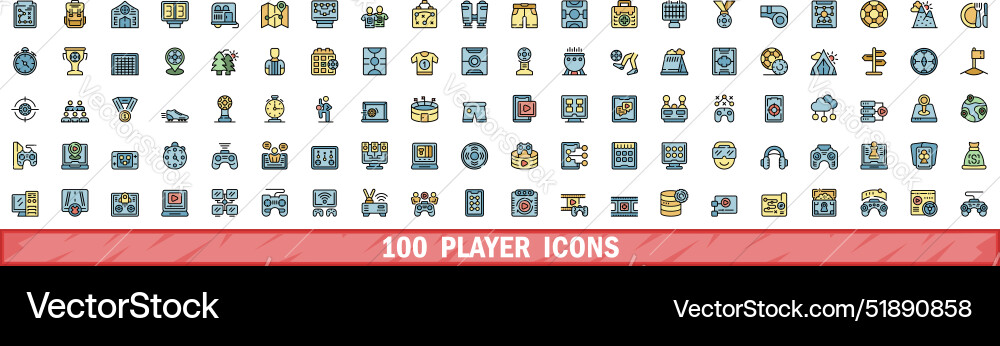 100 player icons set color line style 100 player icons set color line style vector image