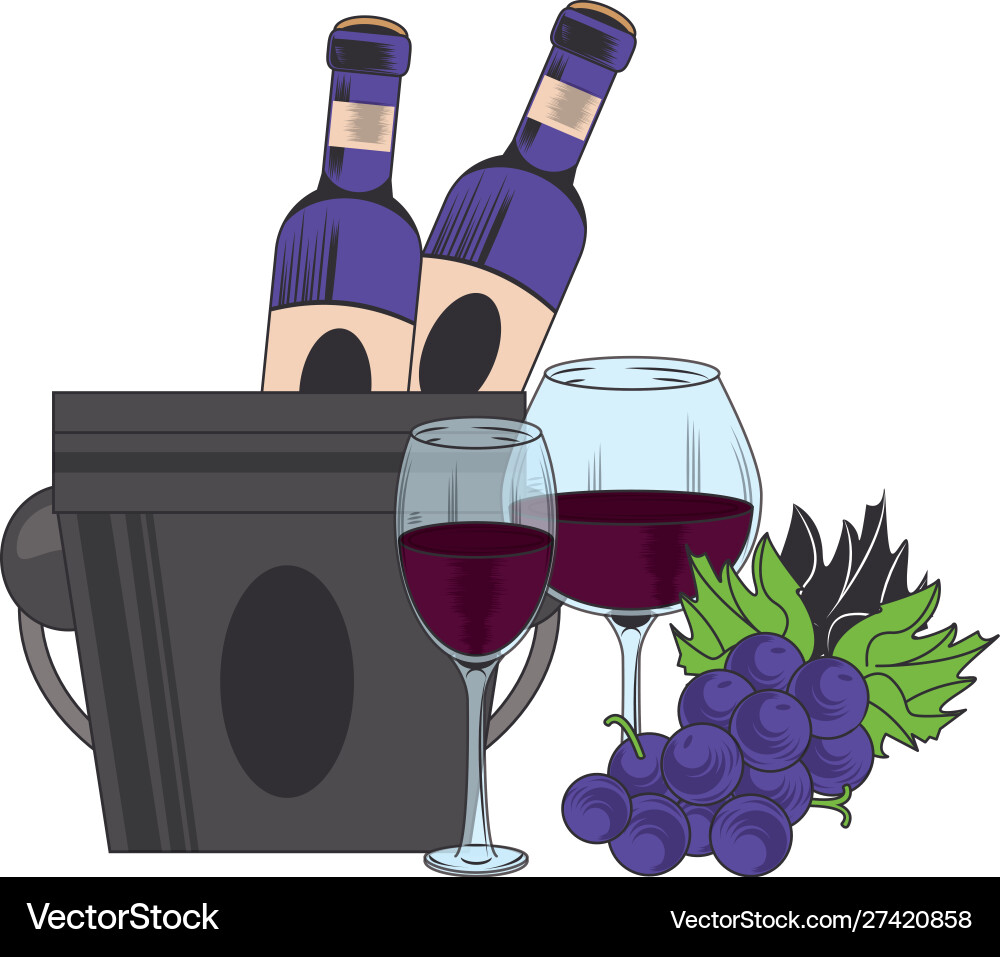 Ice bucket with bottles and bunch grapes design Ice bucket with bottles and bunch grapes design Vector Image