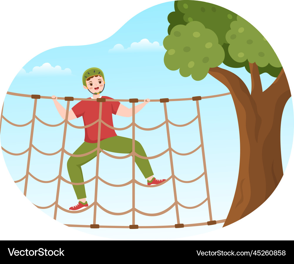 Zip line with visitors walking on an obstacle Vector Image