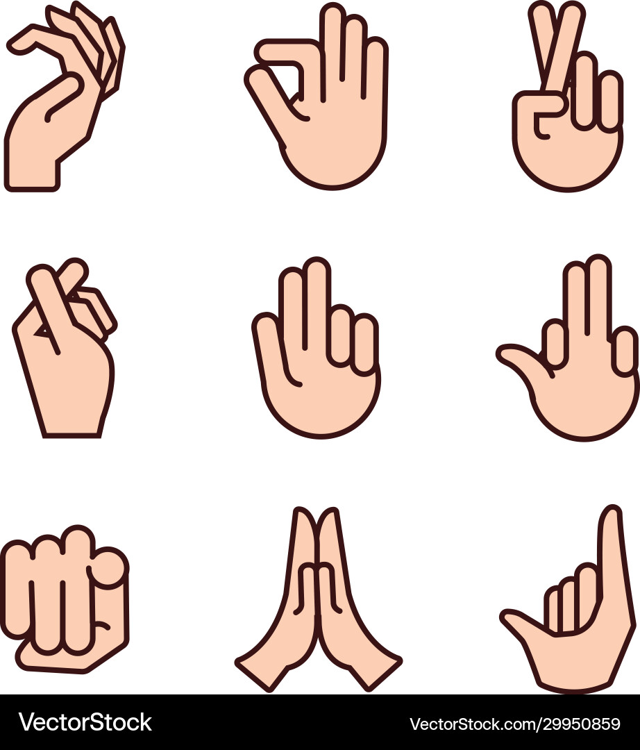 Bundle hands signals line and fill style icon Vector Image