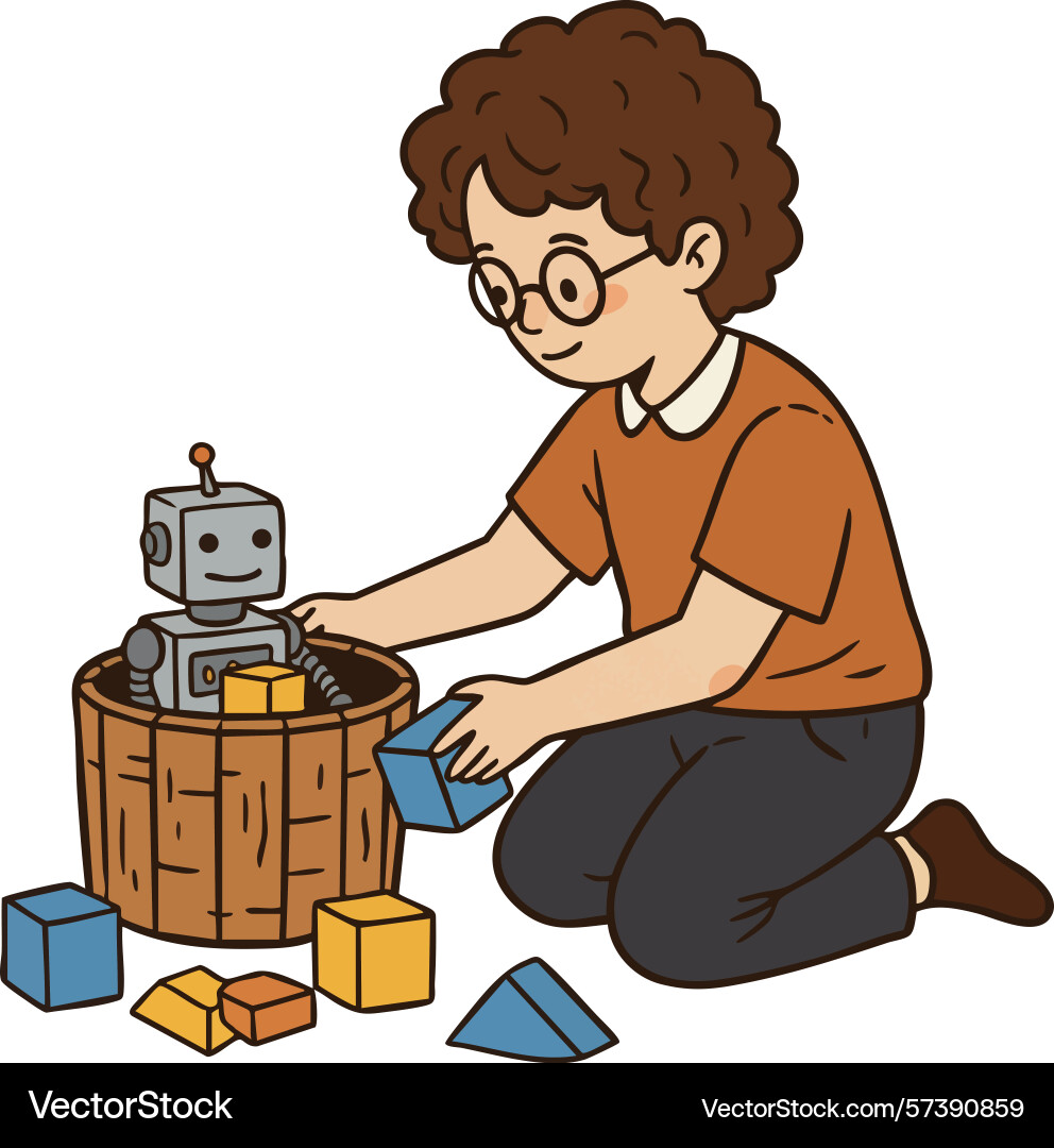 Child playing with robot toy and colorful blocks Child playing with robot toy and colorful blocks Vector Image