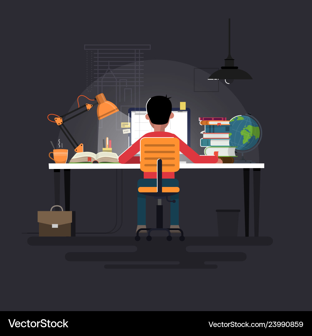 Man Working on Computer at Desk Vector Image