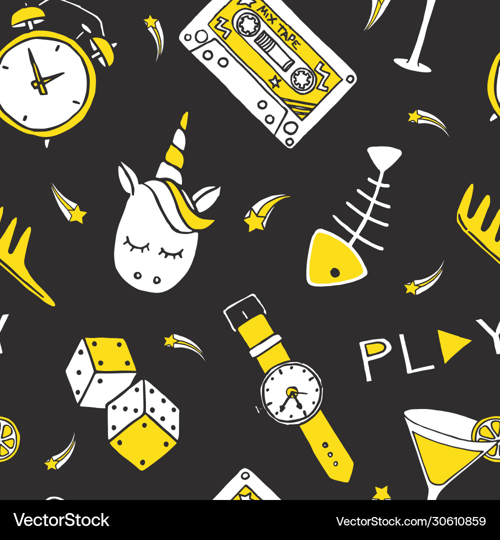 Patch doodles on dark background seamless pattern Vector Image