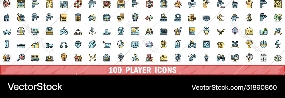 100 player icons set color line style 100 player icons set color line style vector image
