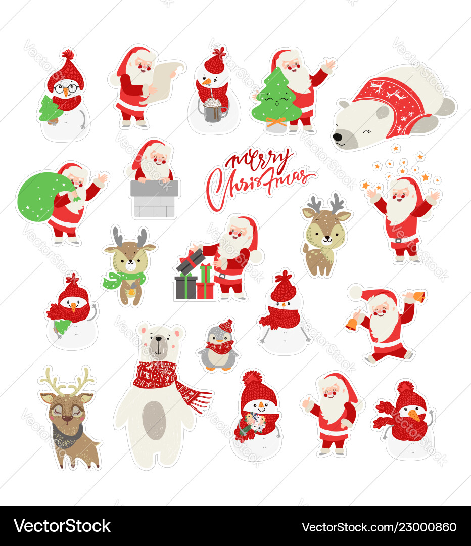 Cute Winter Animal Christmas Stickers Vector Image