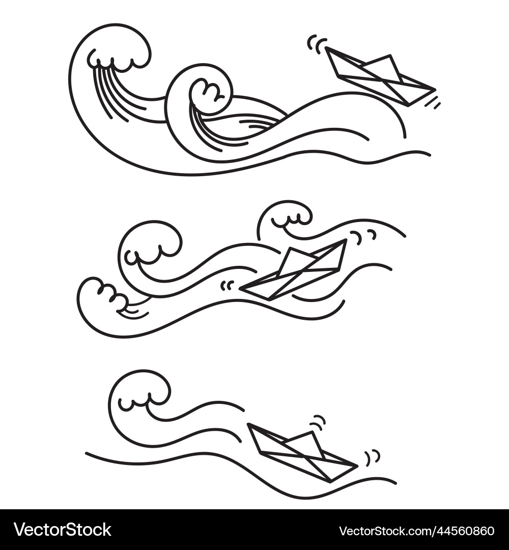 Hand drawn doodle paper boat in big waves Hand drawn doodle paper boat in big waves vector image