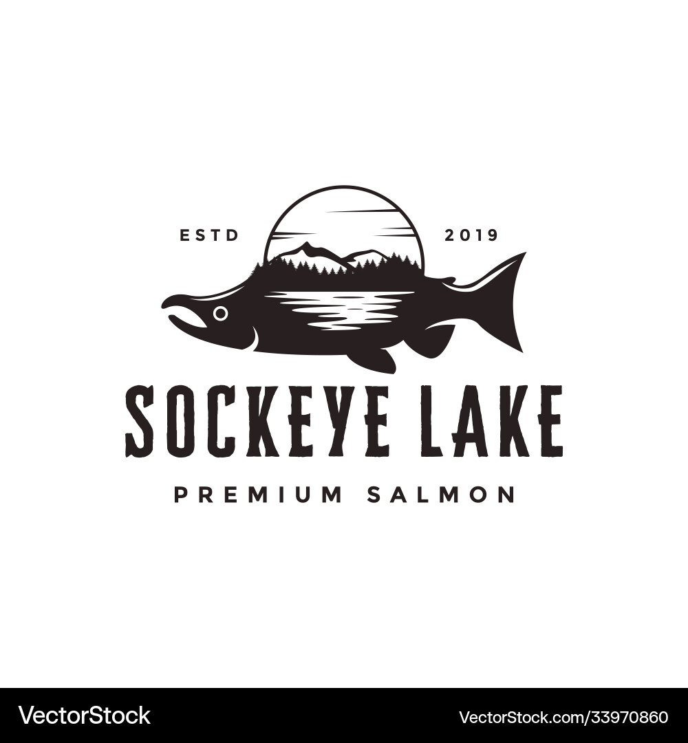 Vintage retro sockeye salmon and lake landscape lo Vintage retro sockeye salmon and lake landscape lo vector image