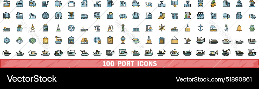 100 port icons set color line style 100 port icons set color line style vector image