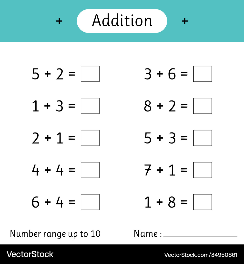 Addition number range up to 10 math worksheet vector image
