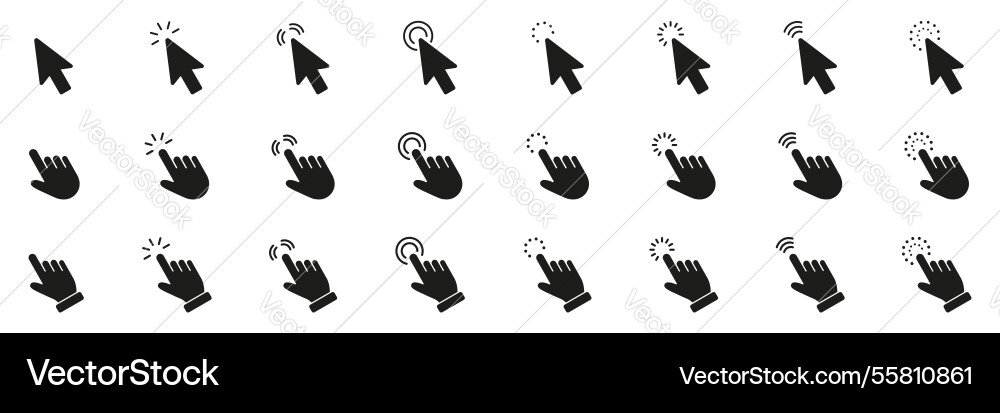 Cursor and hand click solid icon set vector image