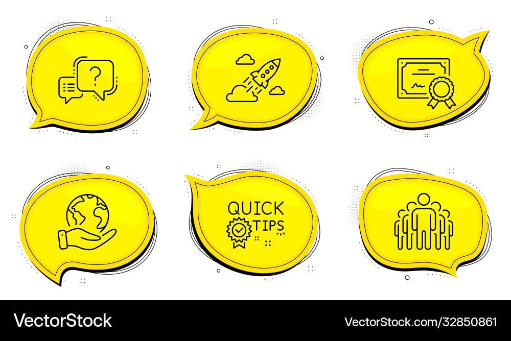 Quick tips startup rocket and group icons set Vector Image