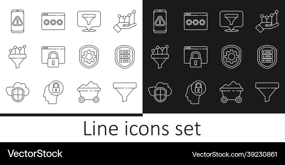 Set line sales funnel server with shield Set line sales funnel server with shield Vector Image