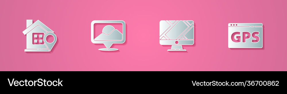 Set paper cut location with house monitor vector image