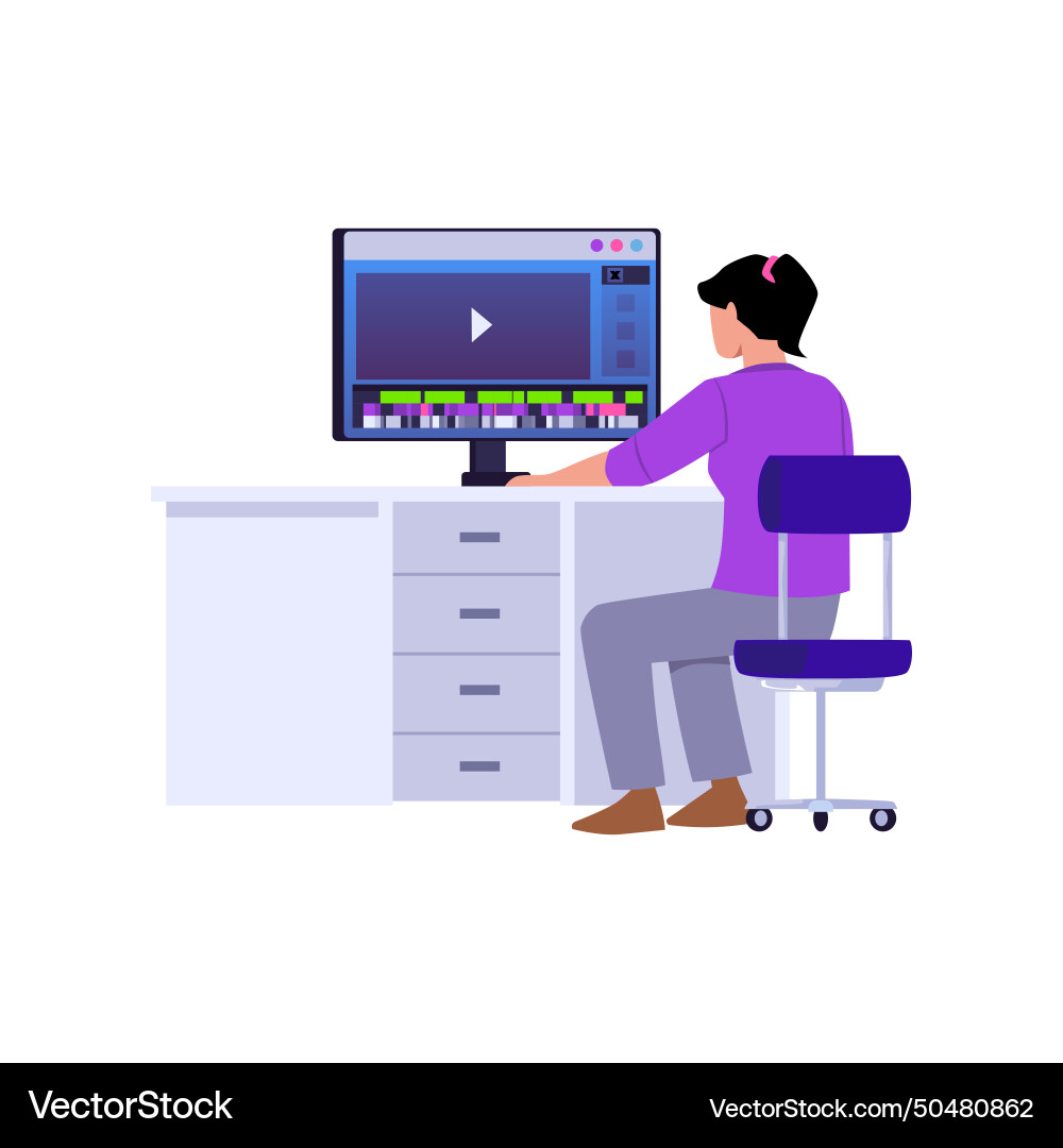 Video maker or editor at work in front of computer Vector Image