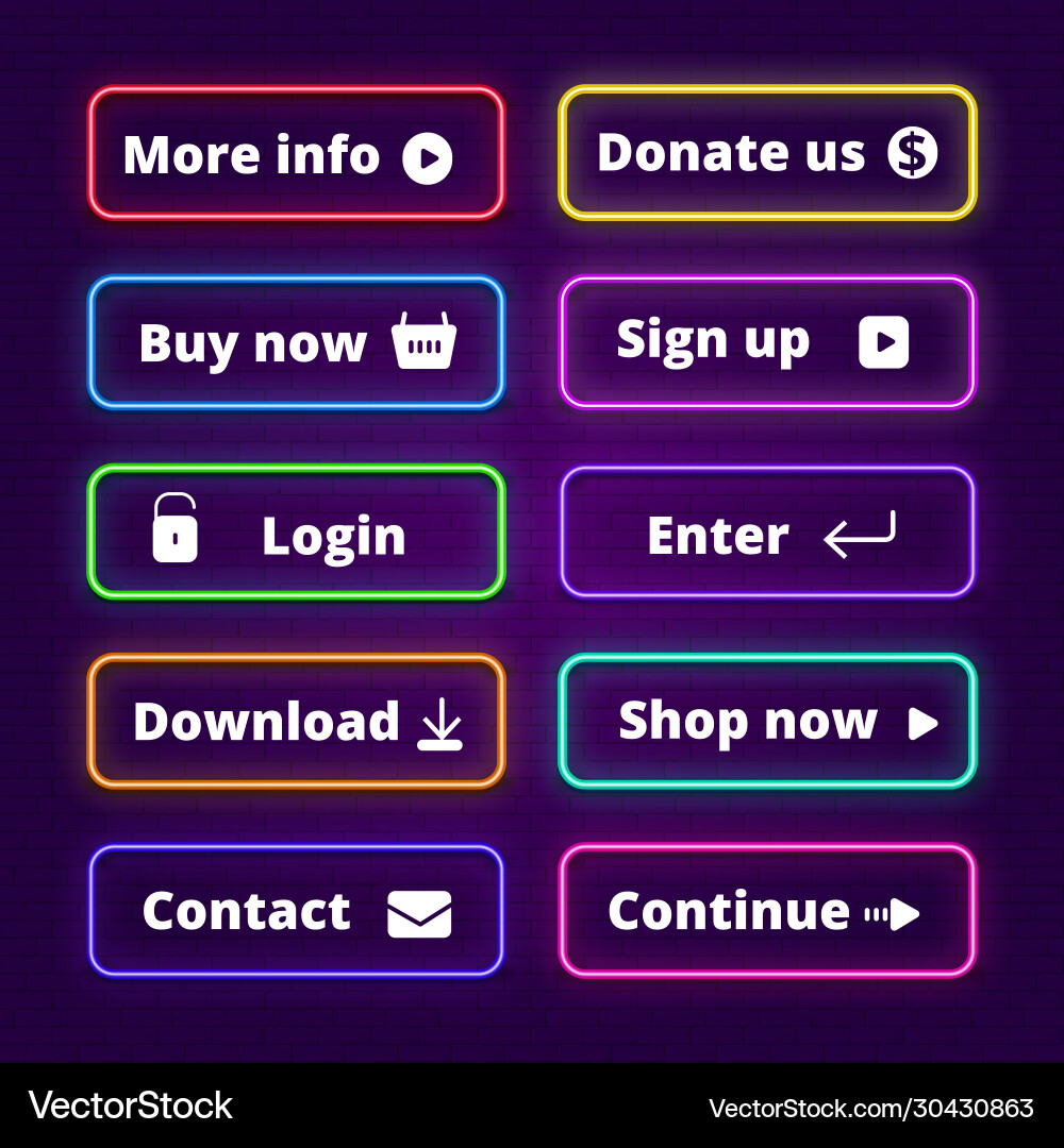 Neon buttons glow enter shop web badges click Neon buttons glow enter shop web badges click vector image