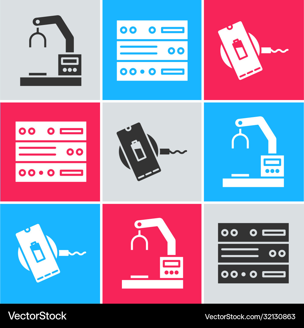 Set robotic robot arm hand factory server data Set robotic robot arm hand factory server data vector image