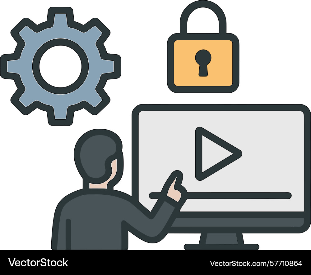 Man interacting with computer screen showing play Man interacting with computer screen showing play vector image