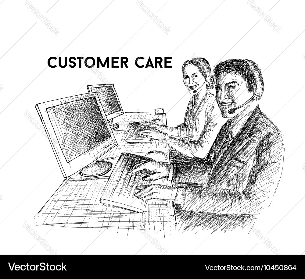 People with headsets using computers in the office vector image