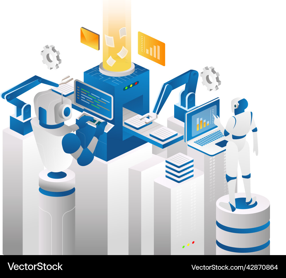 Robot is controlling automatic machine Robot is controlling automatic machine vector image