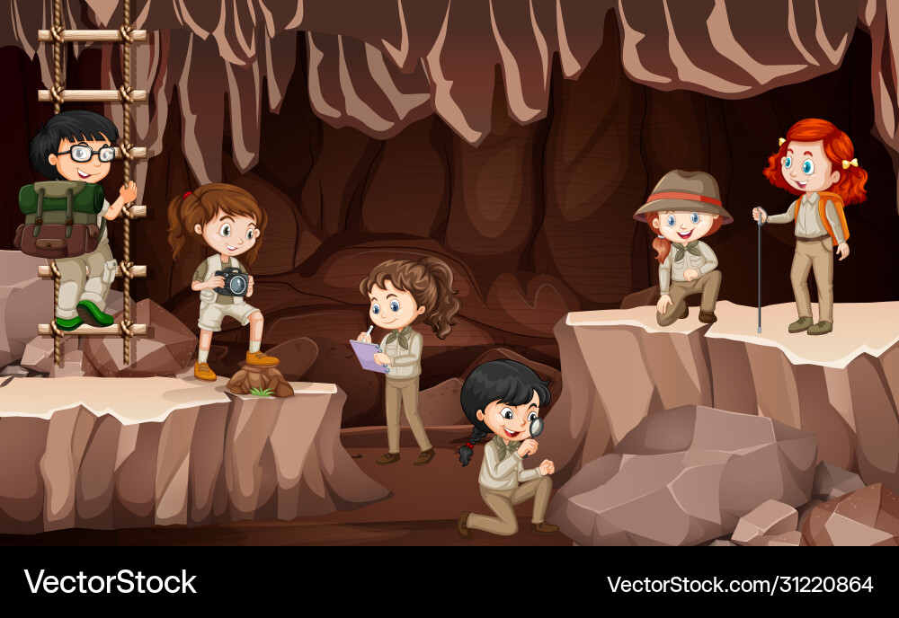 Scene with group scouts exploring cave Scene with group scouts exploring cave vector image