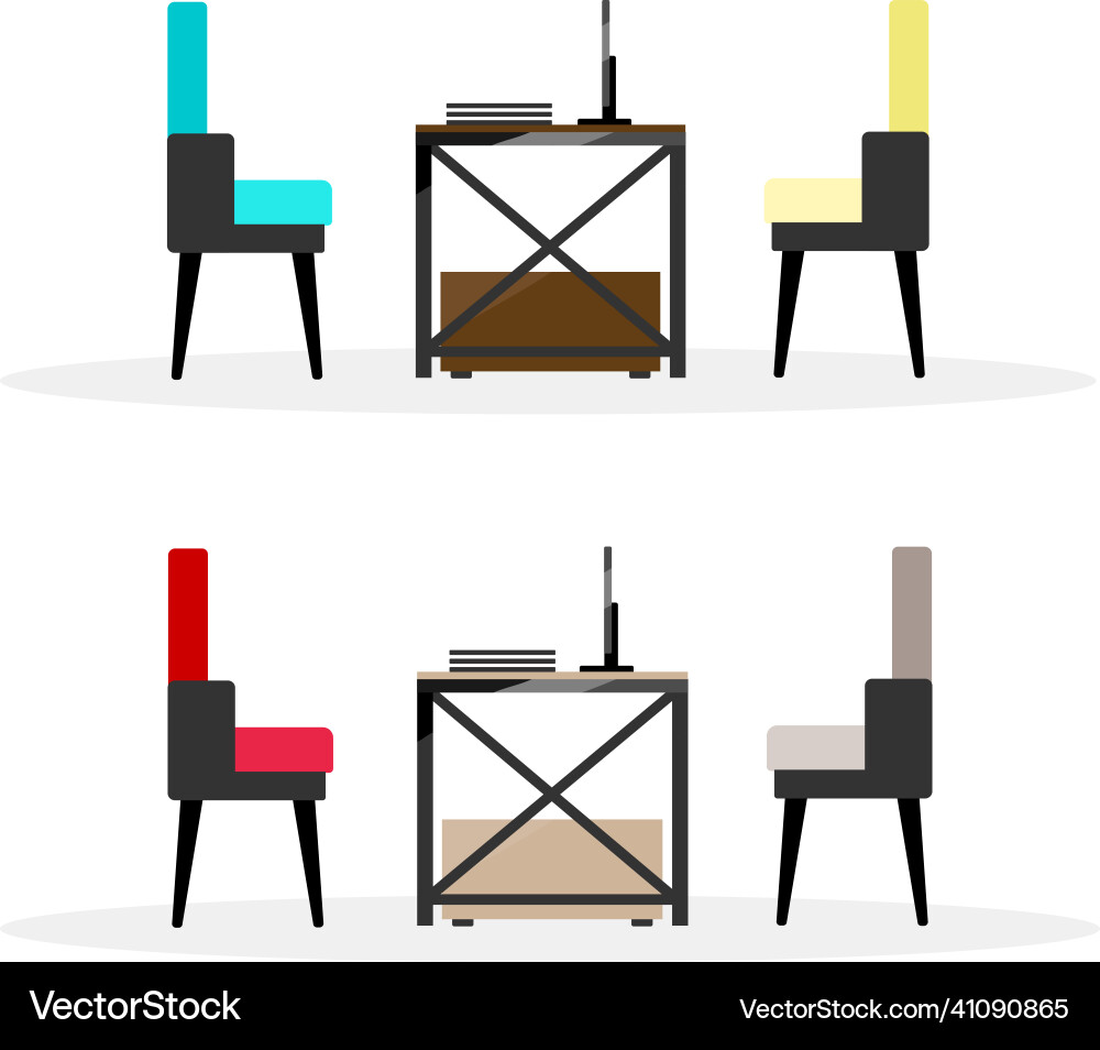 Computer table with chairs flat color objects set Computer table with chairs flat color objects set vector image