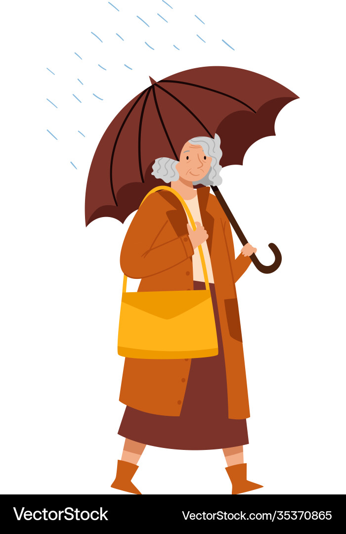 Grey haired senior woman walking under umbrella Grey haired senior woman walking under umbrella Vector Image
