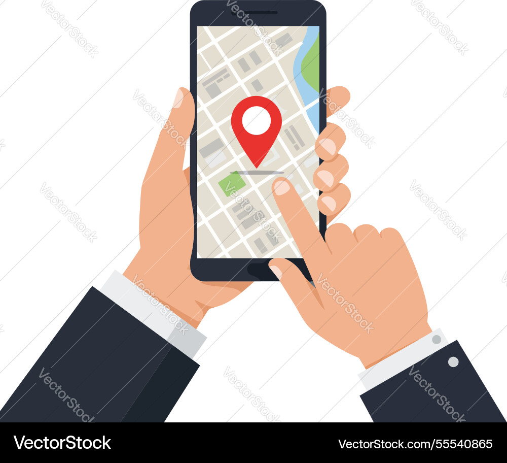 Hands holding smartphone displaying a map Hands holding smartphone displaying a map vector image