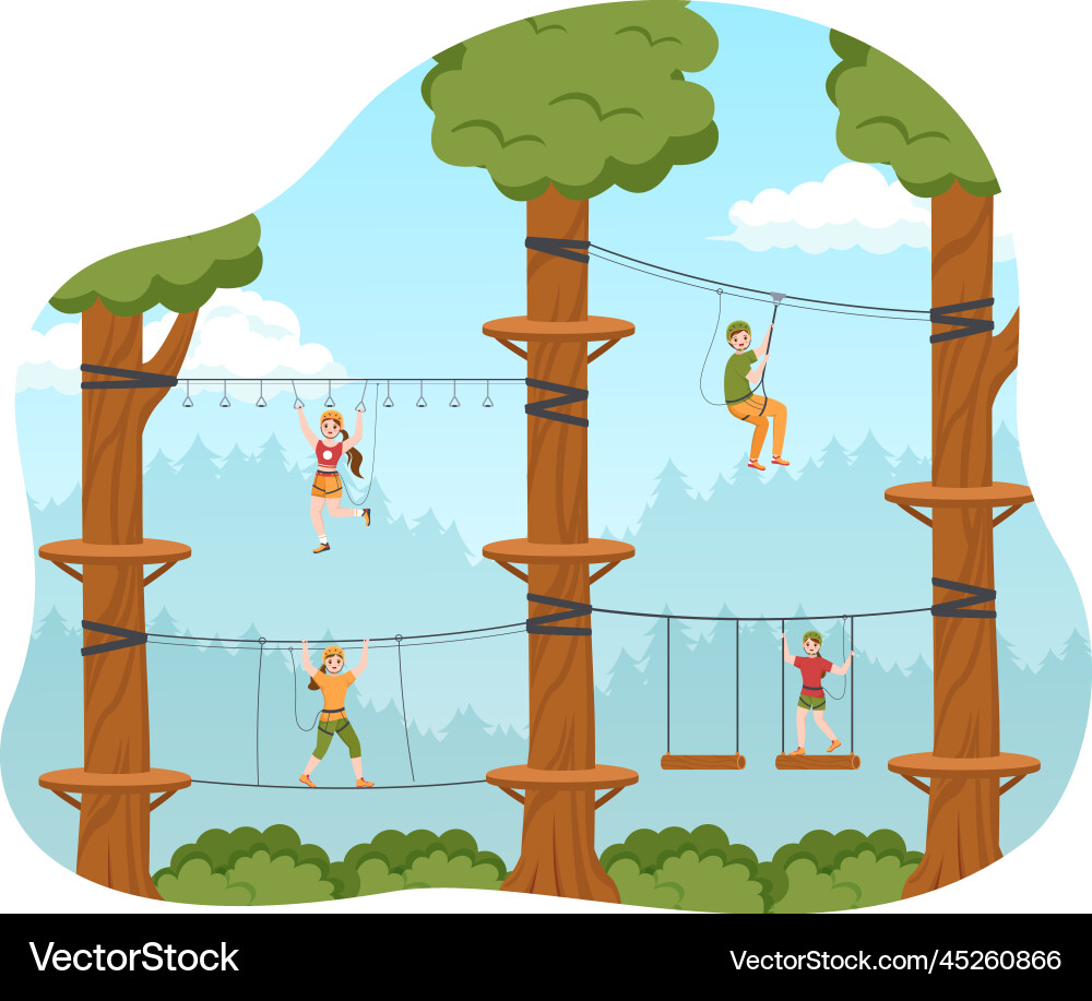 Zip line with visitors walking on an obstacle Zip line with visitors walking on an obstacle Vector Image